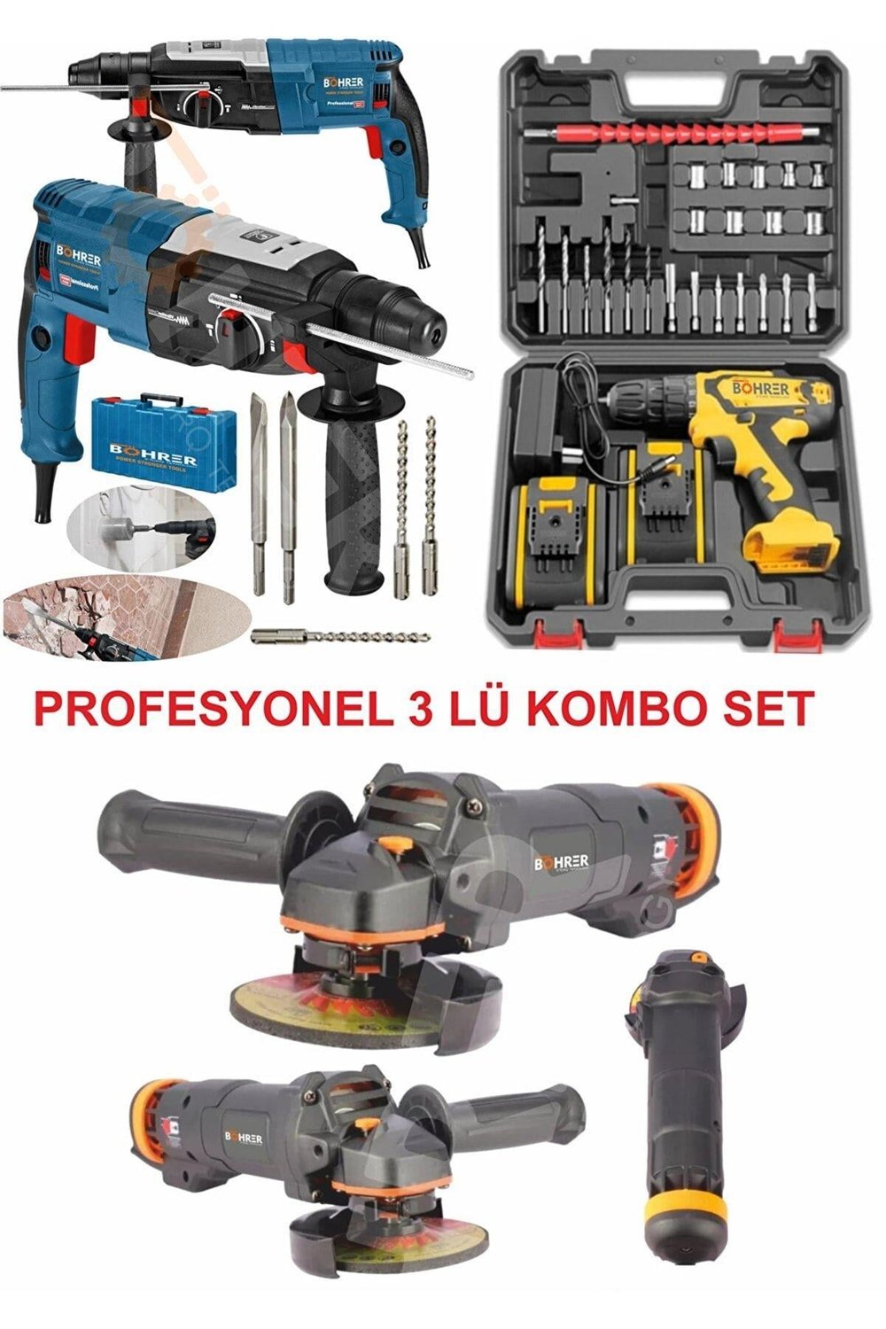 Ultra 3 Lü Set 2100 W Taşlama + 2450 W Kırıcı Delici Hilti + 58 V Full Setli Şarjlı Matkap
