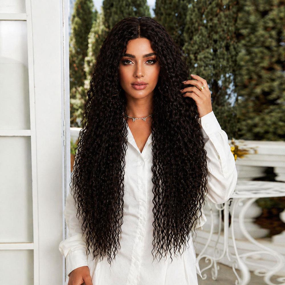 Afro Dalga Fiber Sentetik Tül Peruk - Koyu Kestane