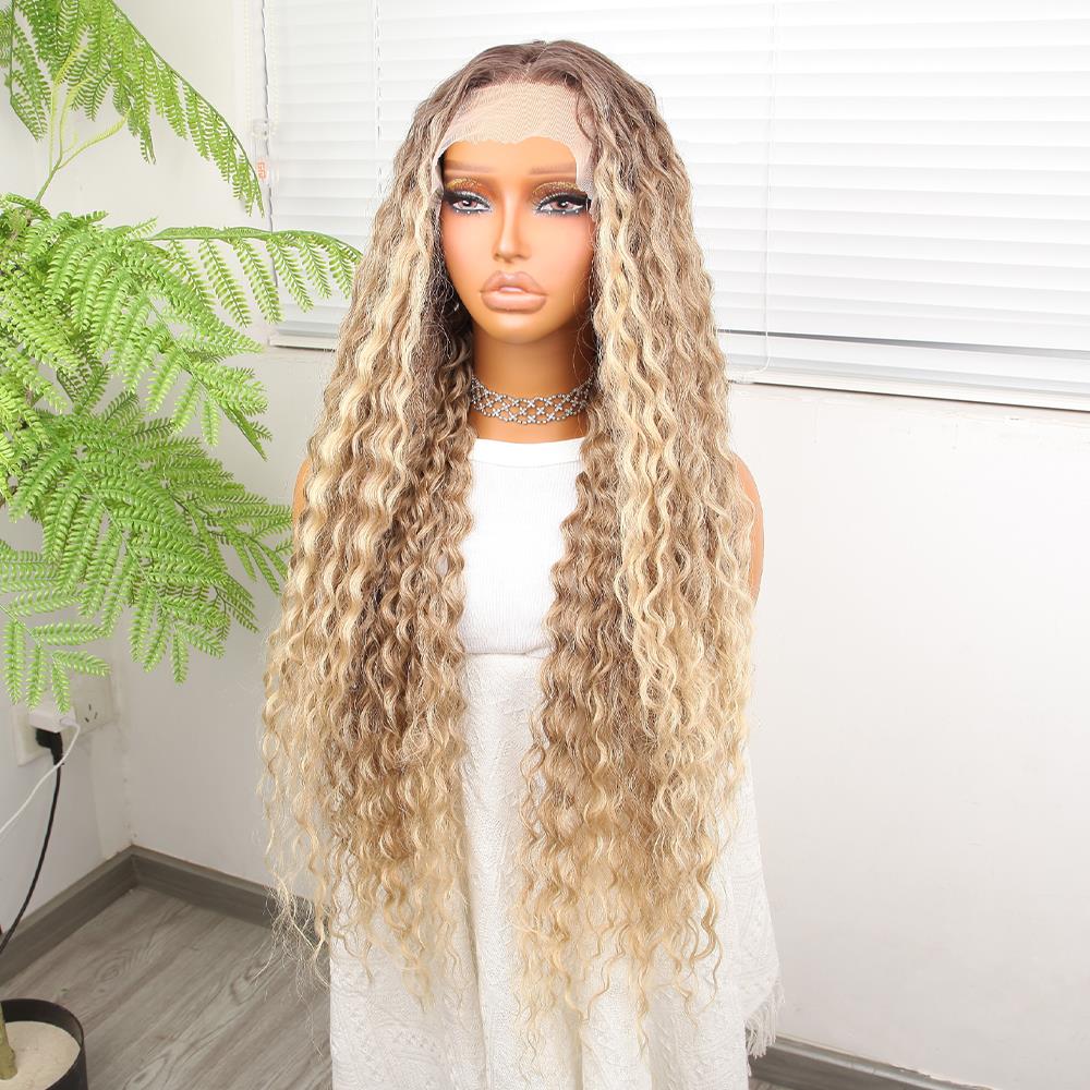 Afro Dalga Kumral Balköpüğü Ombre ve Röfleli Fiber Sentetik Tül Peruk