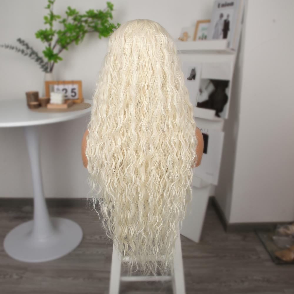 Platin Uzun Afro Dalga Fiber Sentetik Tül Peruk