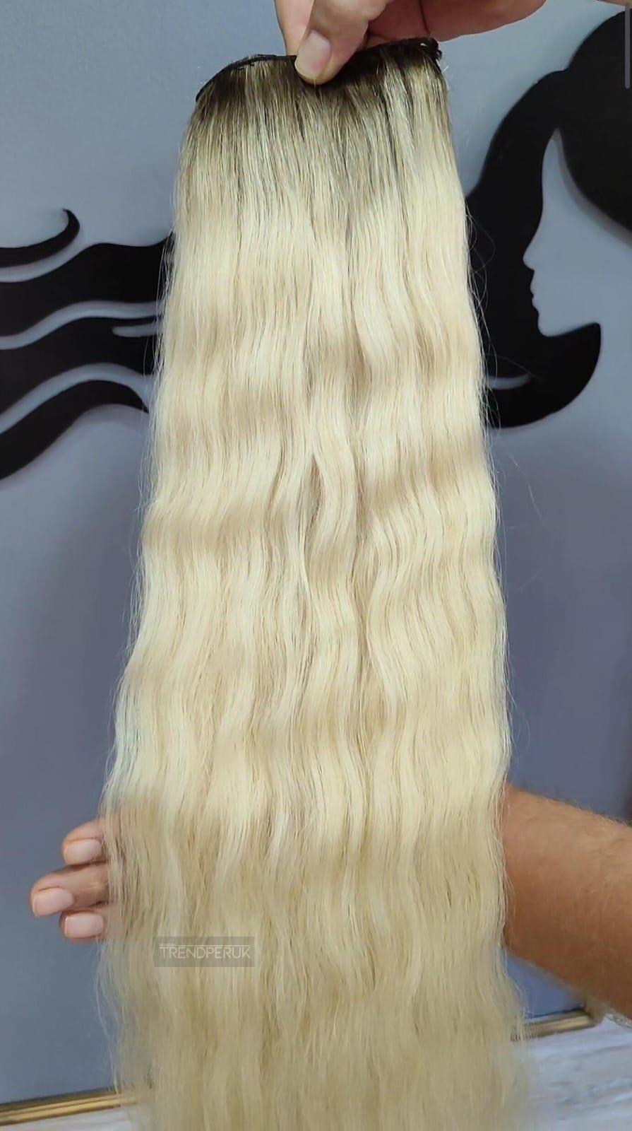 Yarımay + 2 Yan 65-70 cm Gerçek Saç Çıtçıt Dip Açık Kahve Alt Platin Renk