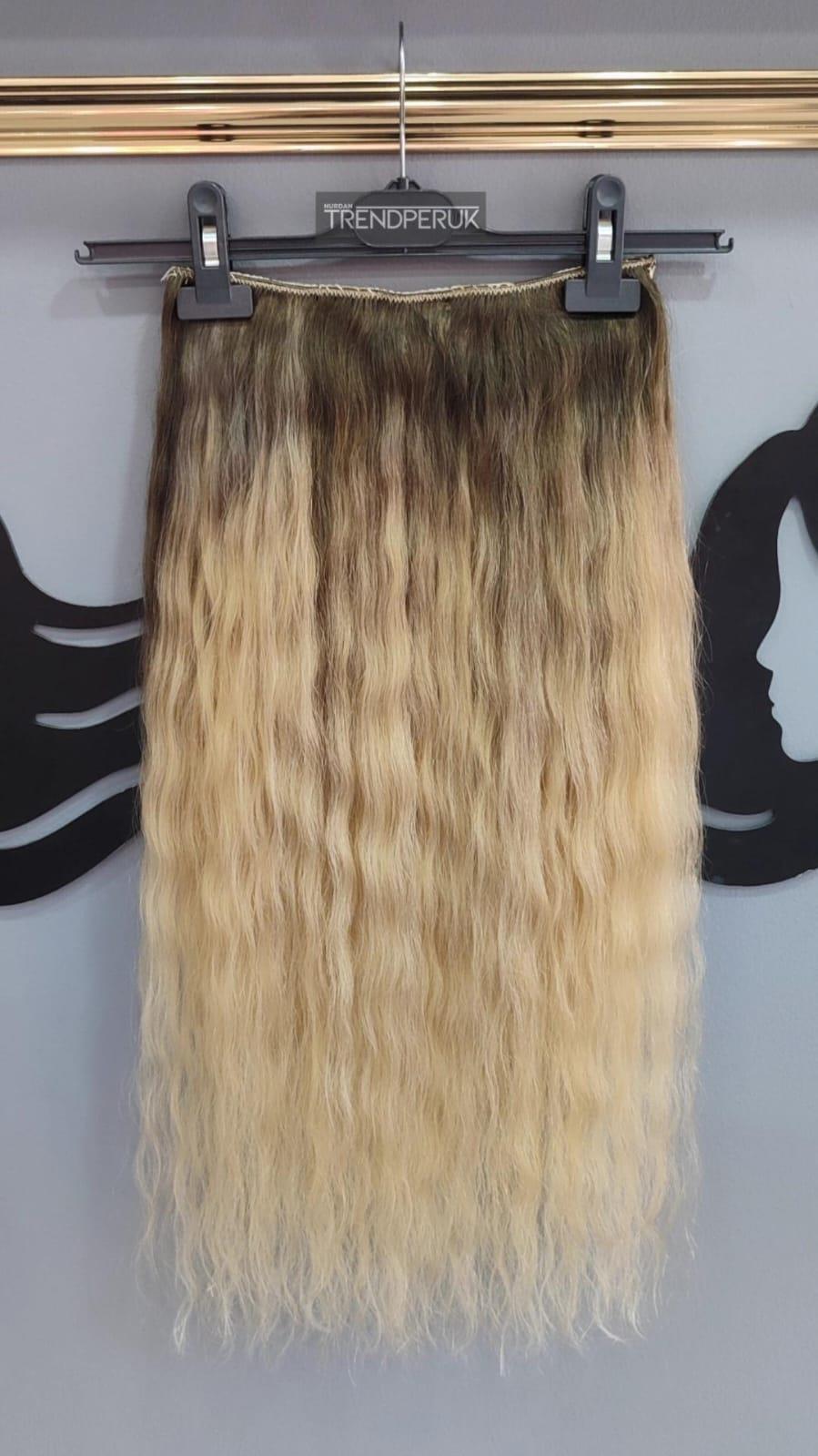 Yarımay + 2 Yan 65-70 cm Gerçek Saç Çıtçıt Dip Kumral Alt Platin Renk