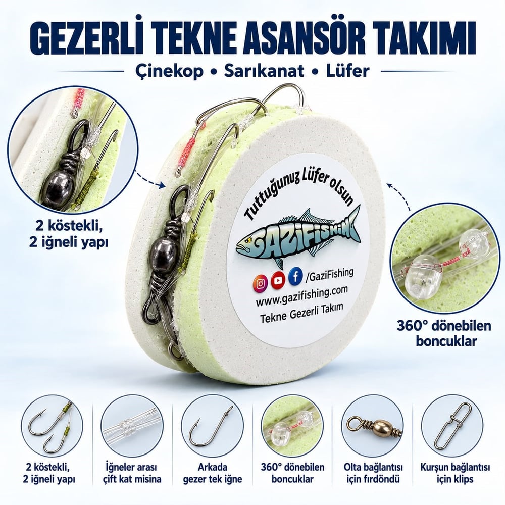 Boncuklu Gezer İğneli Tekne Asansör Takımı ( 2 Köstek ), Hazır Olta Takımları, Gazi Fishing