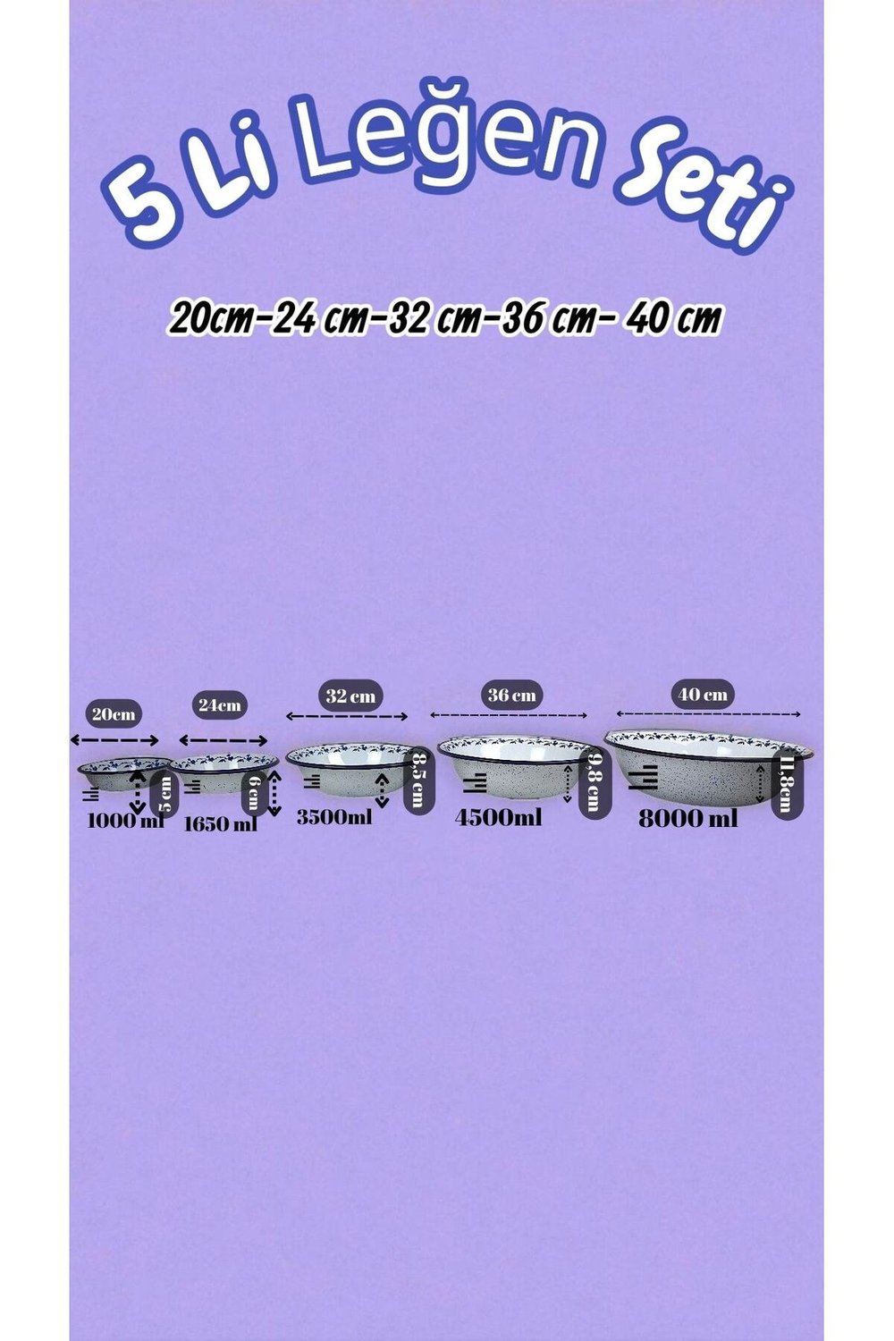 20cm-24cm-32 Cm-36 Cm-40 Cm 5 li Emaye Leğen Çırpma Ve Karıştırma Kabı, Hamur Leğeni,Meyvelik, Çeyiz