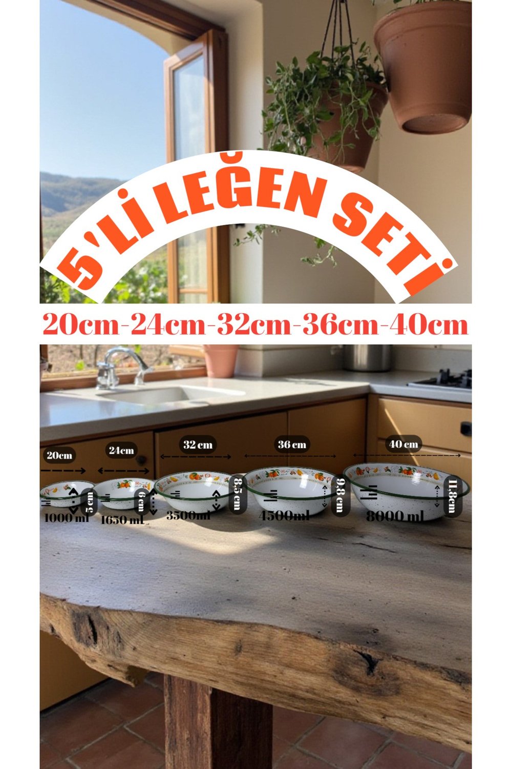 20cm-24cm-32 Cm-36 Cm-40 Cm 5 li Emaye Leğen Çırpma Ve Karıştırma Kabı, Hamur Leğeni,Meyvelik, Çeyiz