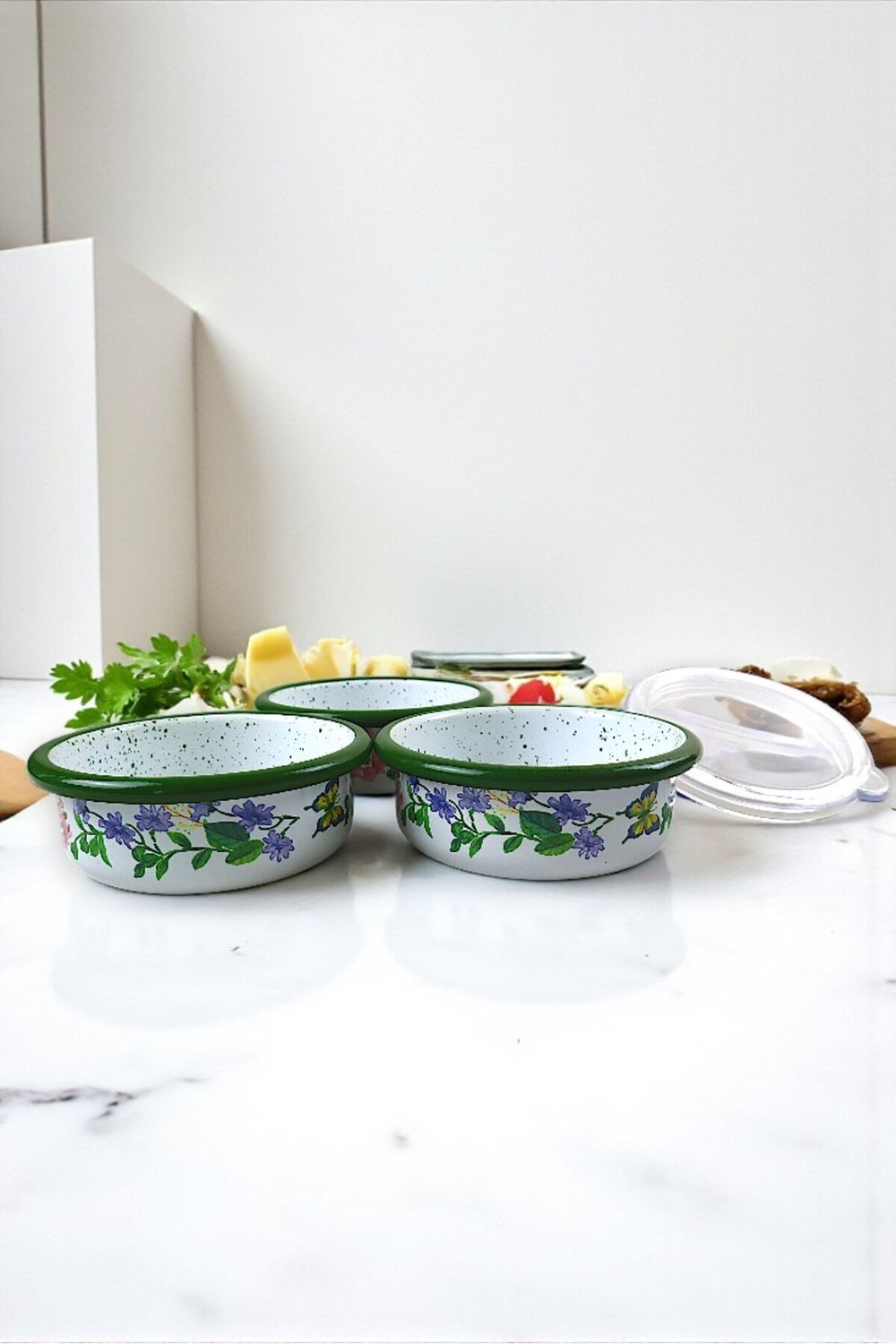 3 Parça Orta Boy,kapaklı,Desenli Emaye Kahvaltı Seti,Sunum,Kahvaltı Tabağı, Reçellik,Zeytin
