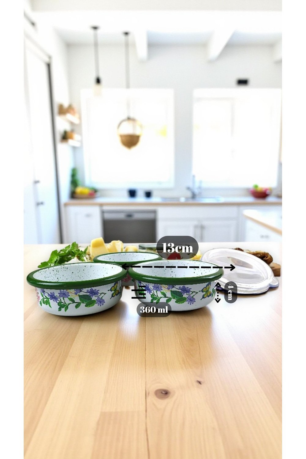 3 Parça Orta Boy,kapaklı,Desenli Emaye Kahvaltı Seti,Sunum,Kahvaltı Tabağı, Reçellik,Zeytin