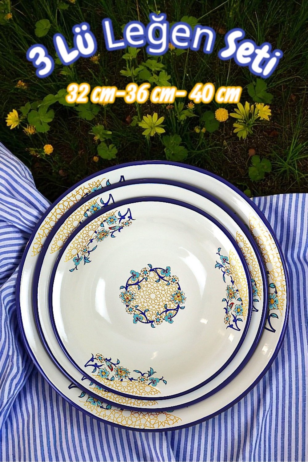 32 Cm-36 Cm-40 Cm 3 Lü Emaye Leğen Çırpma Ve Karıştırma Kabı, Hamur Leğeni,Meyvelik, Çeyiz, Hediye,