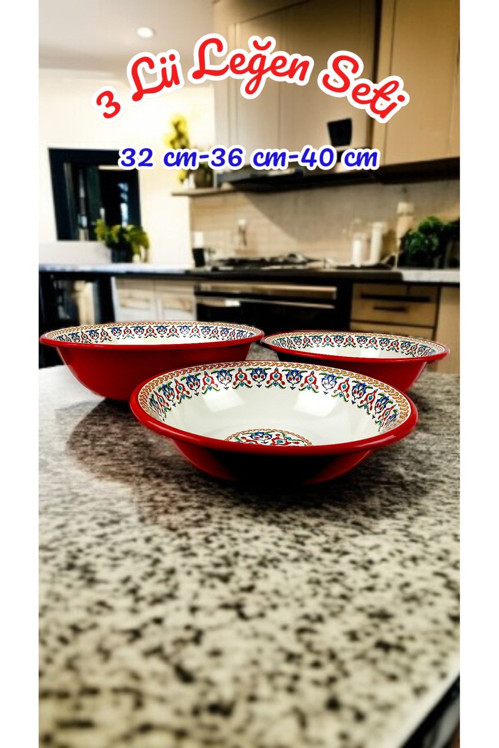32 Cm-36 Cm-40 Cm 3 Lü Emaye Leğen Çırpma Ve Karıştırma Kabı, Hamur Leğeni,Meyvelik, Çeyiz, Hediye,