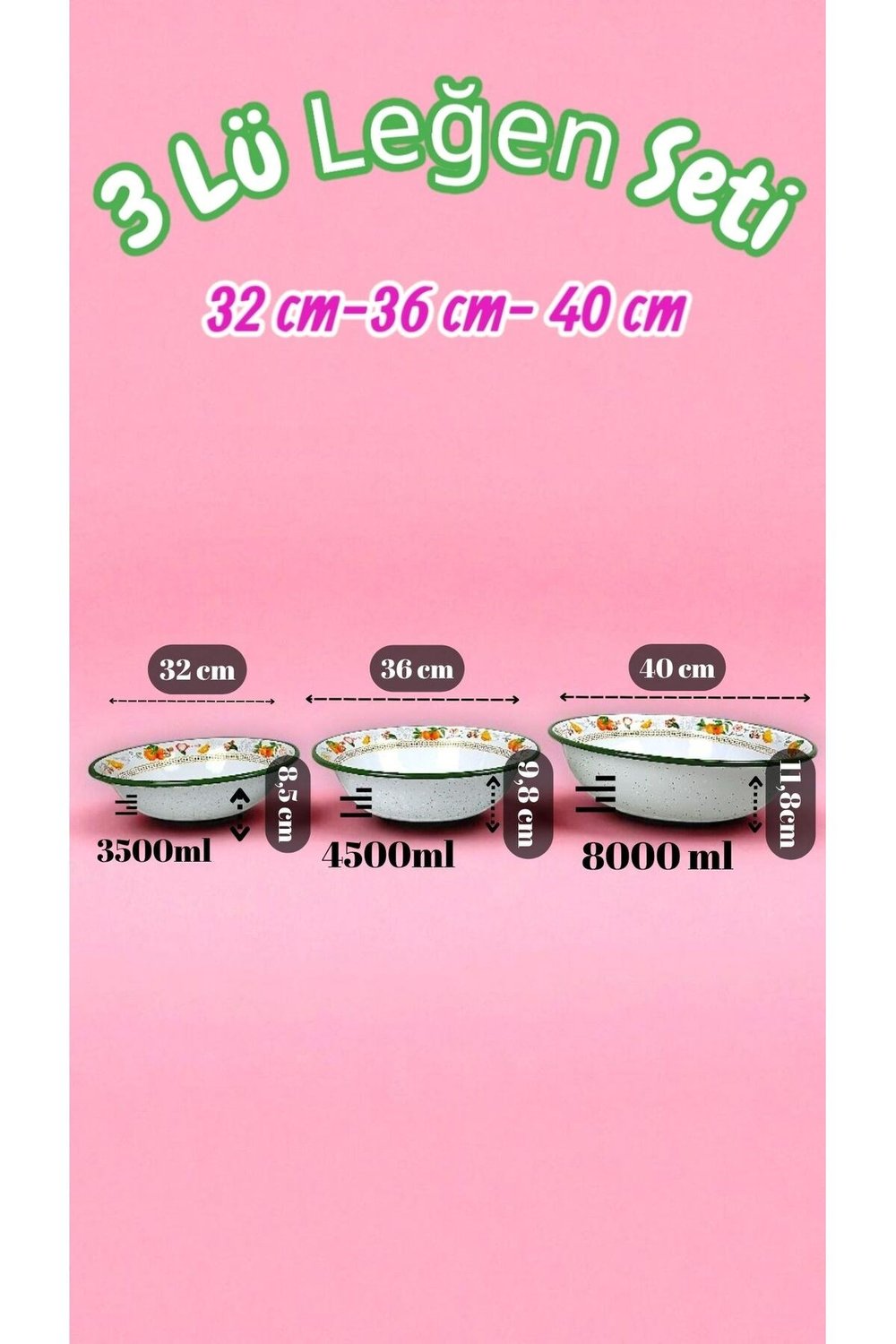 32 Cm-36 Cm-40 Cm 3 Lü Emaye Leğen Çırpma Ve Karıştırma Kabı, Hamur Leğeni,Meyvelik, Çeyiz, Hediye,