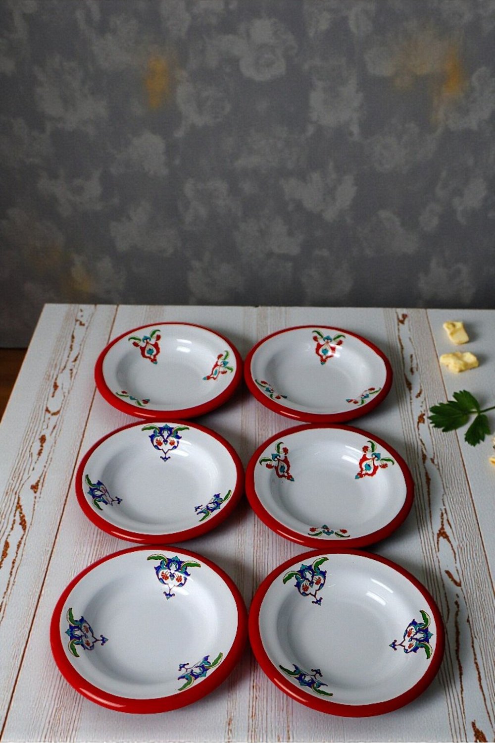 6 Parça 14Cm Emaye Tabak Set ,Kahvaltı Tabağı,Reçellik, Zeytin, Peynir Tabağı, Çeyiz