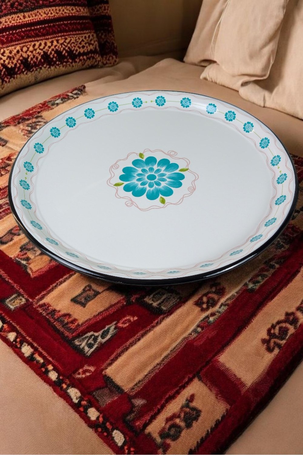 60 No Emaye Sini Sofra, Yemek Sunum Tepsi, Yer Sofrası Çinko ~58 Cm