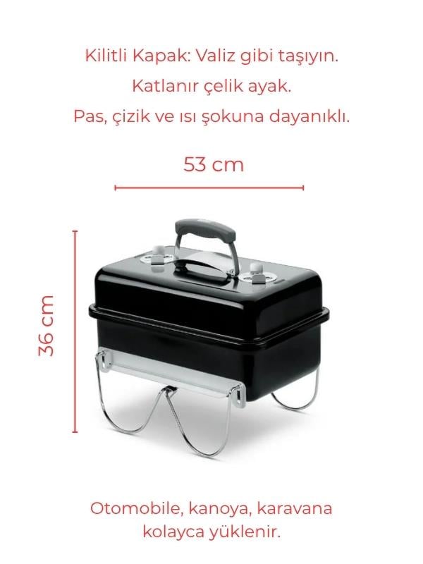 Weber Go-Anywhere Charcoal – Portatif Dikdörtgen Kompakt 42 × 26 cm Izgara | Kilitli Kapak | 6 kg Taşıma Ağırlığı