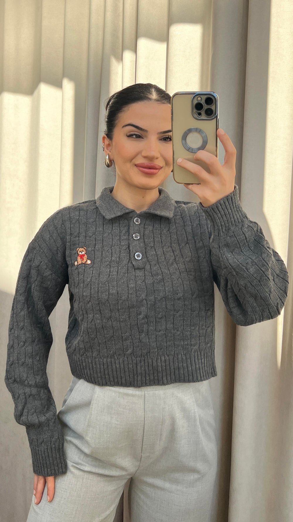 GRİ AYICIK DETAYLI KAZAK