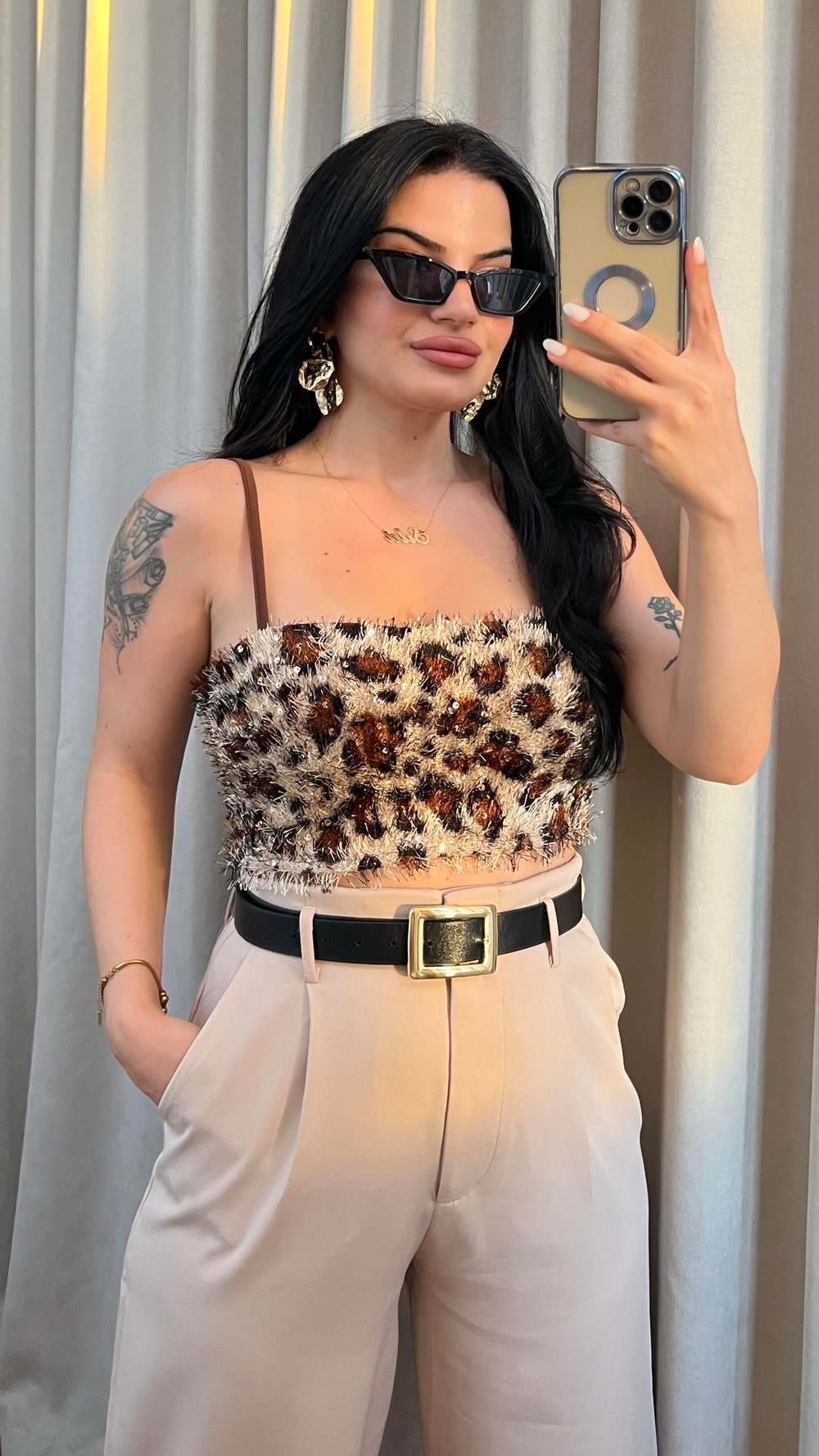 LEOPAR DESENLİ PULLU CROP
