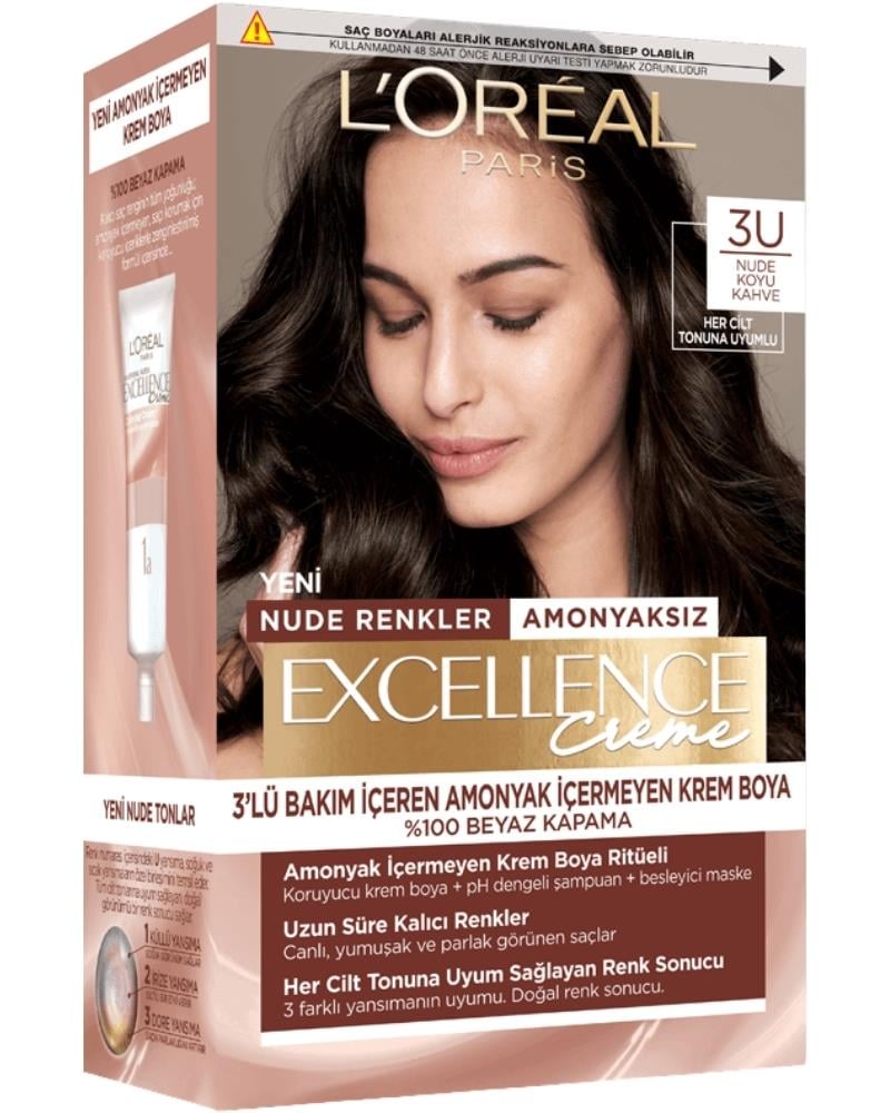 LOreal Paris Excellence Creme Nude Renkler Saç Boyası – 3u Nude Koyu Kahve
