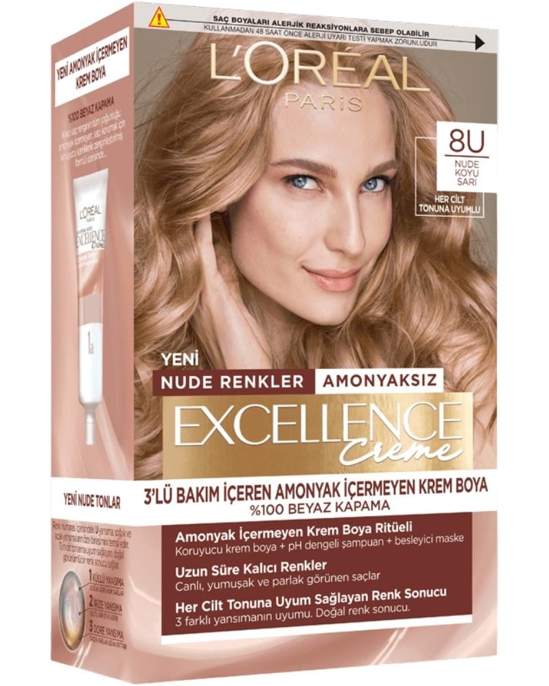 LOreal Paris Excellence Creme Nude Renkler Saç Boyası – 8u Nude Koyu Sarı