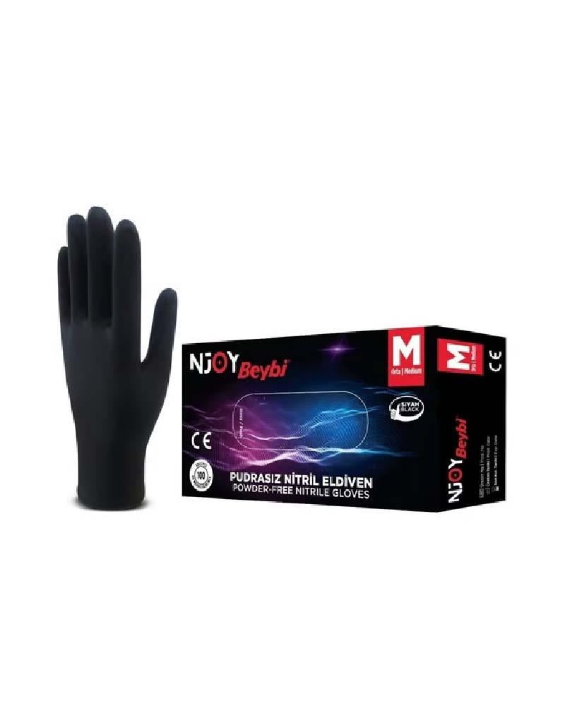 Beybi Njoy Siyah Pudrasız Nitril Eldiven 100lü M Beden