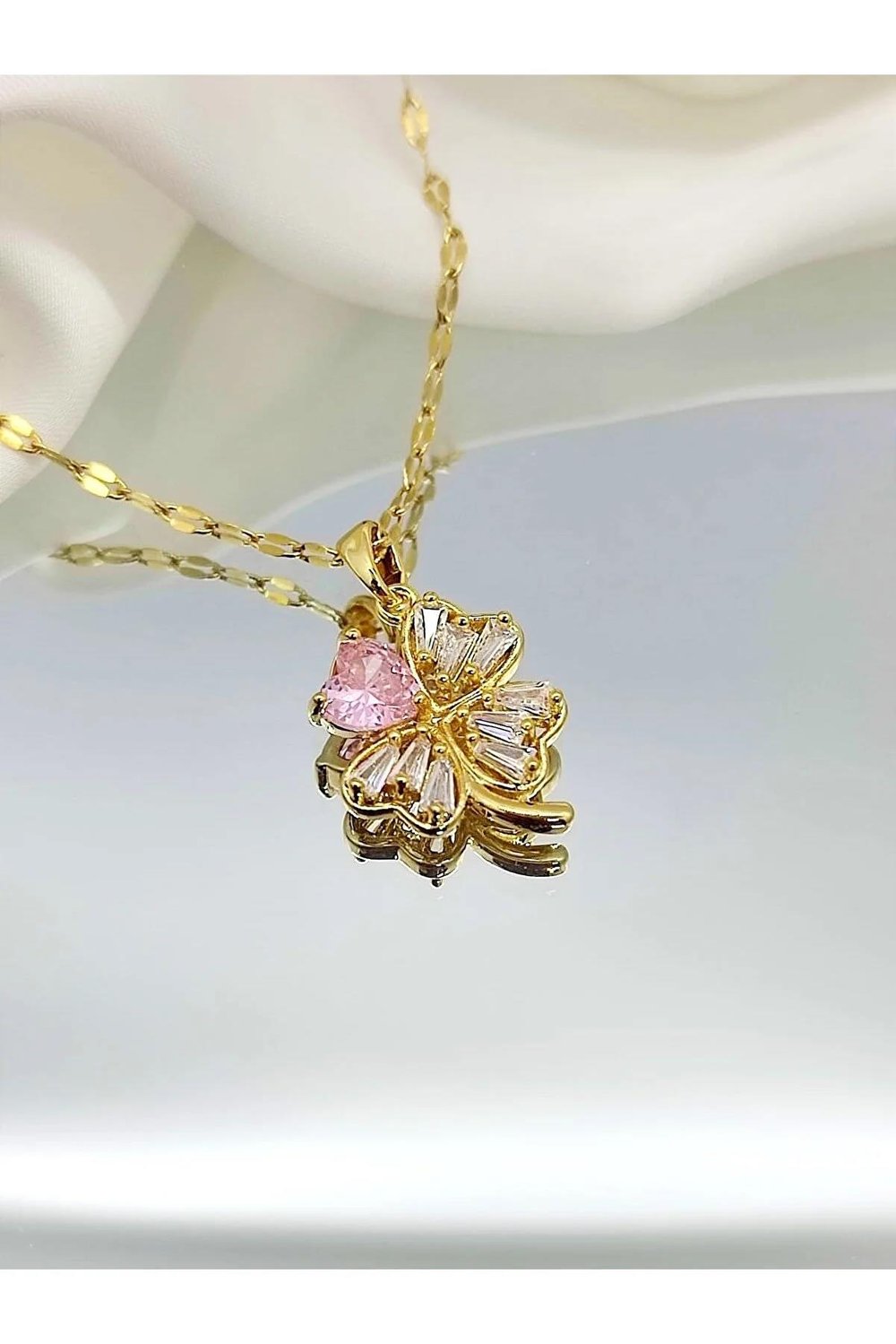 Çelik Zirkon Taş 4 Yaprak Yonca Kolye