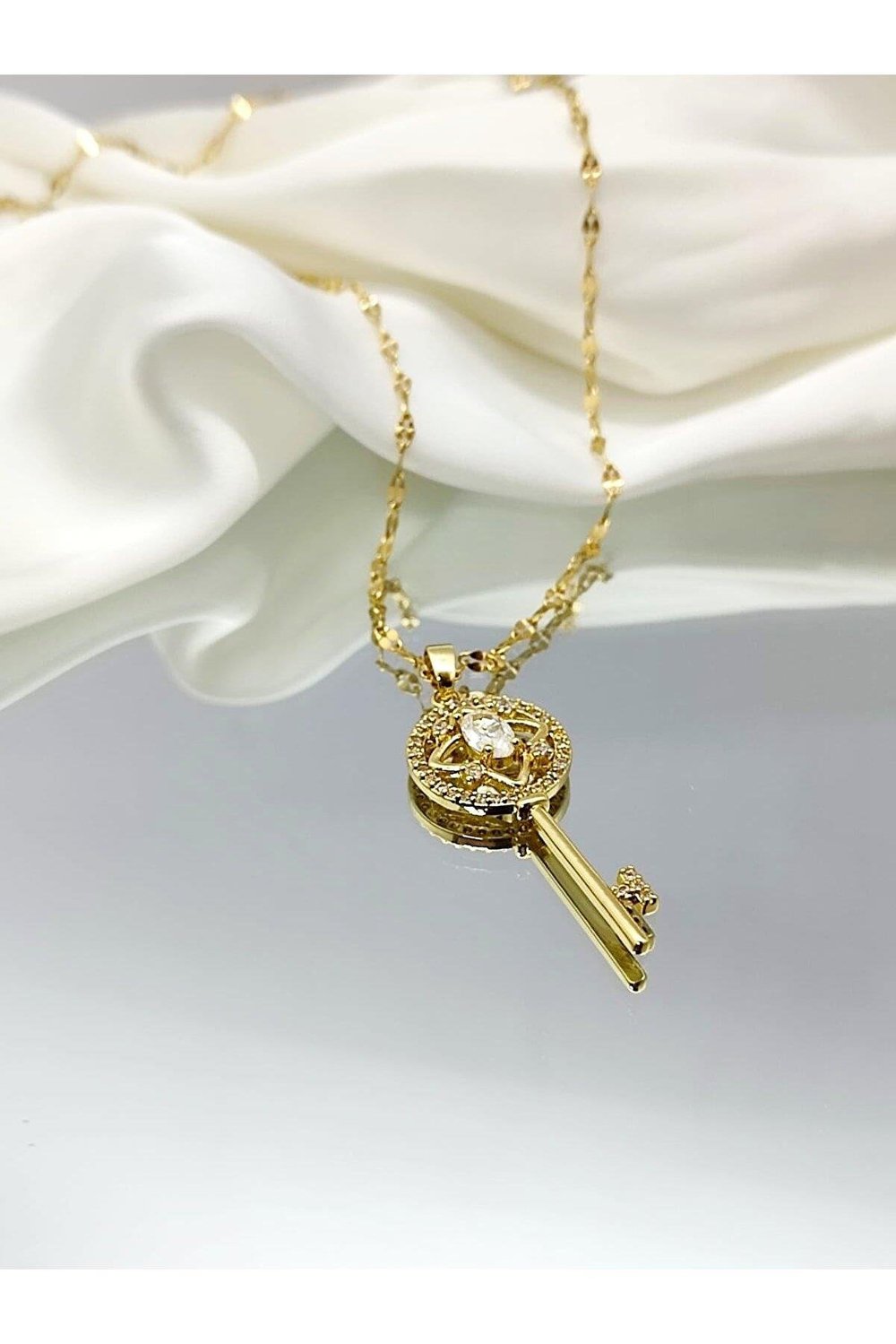 Çelik Zirkon Taşlı Anahtar Kolye 316L