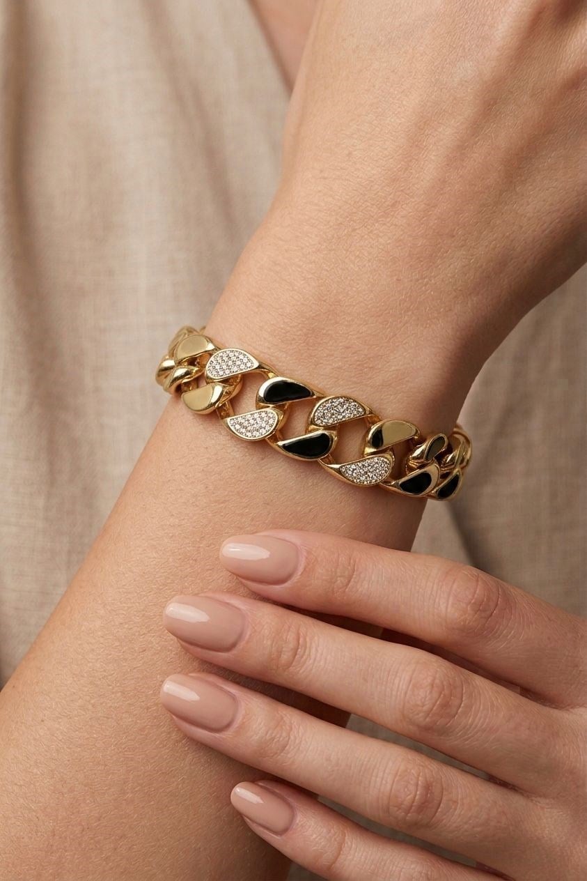 CM Jew 14K Gold Kalın Zincir Zirkon Taşlı Kuyum Model Çelik Bileklik