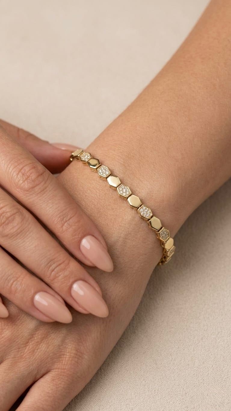 CM Jew 14K Gold Zirkon Taşlı Altıgen Bileklik