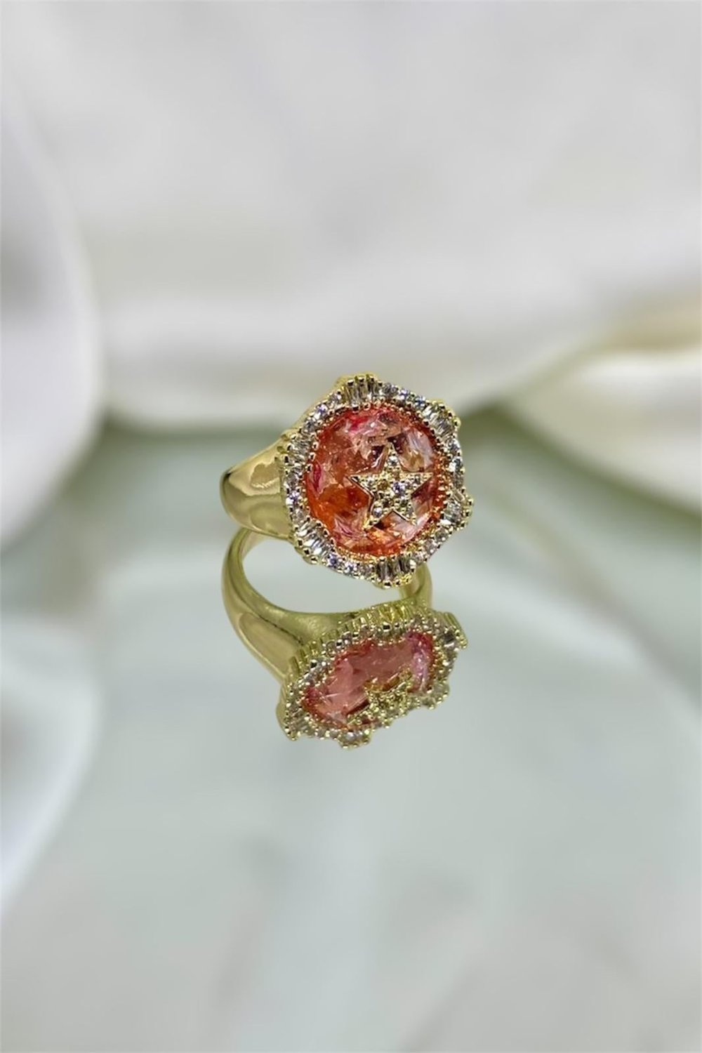 Pembe Ve Zirkon Taşlı Sırıus Yıldızı Ayarlanabilir Yuvarlak Gold Yüzük