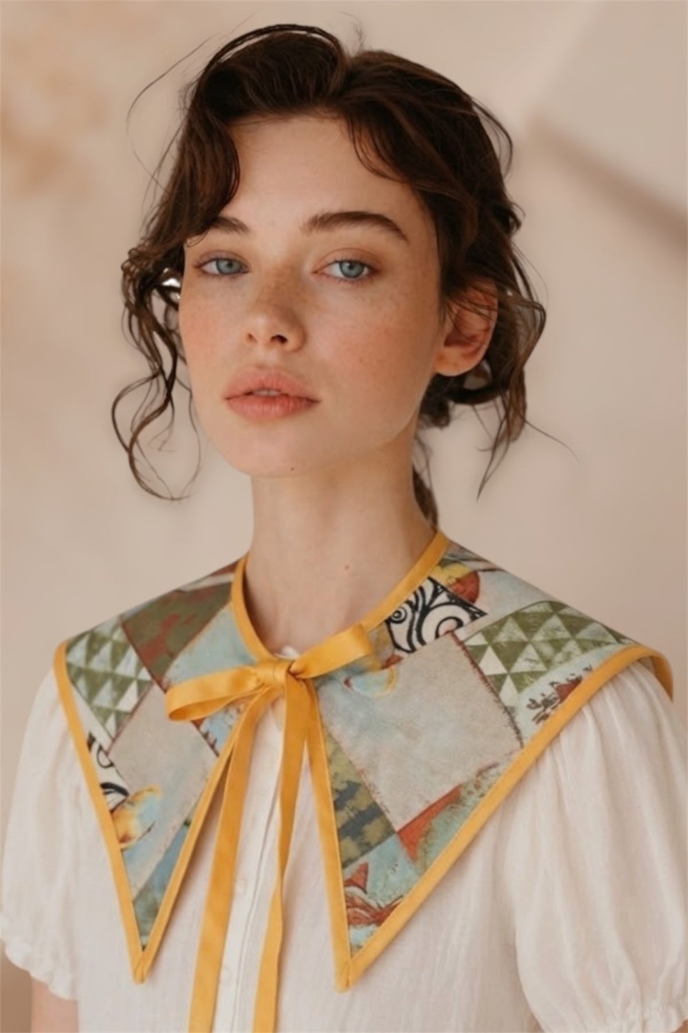 Vintage Patchwork Desenli Turuncu Biyeli Seyyar Yaka, Omuz Şalı