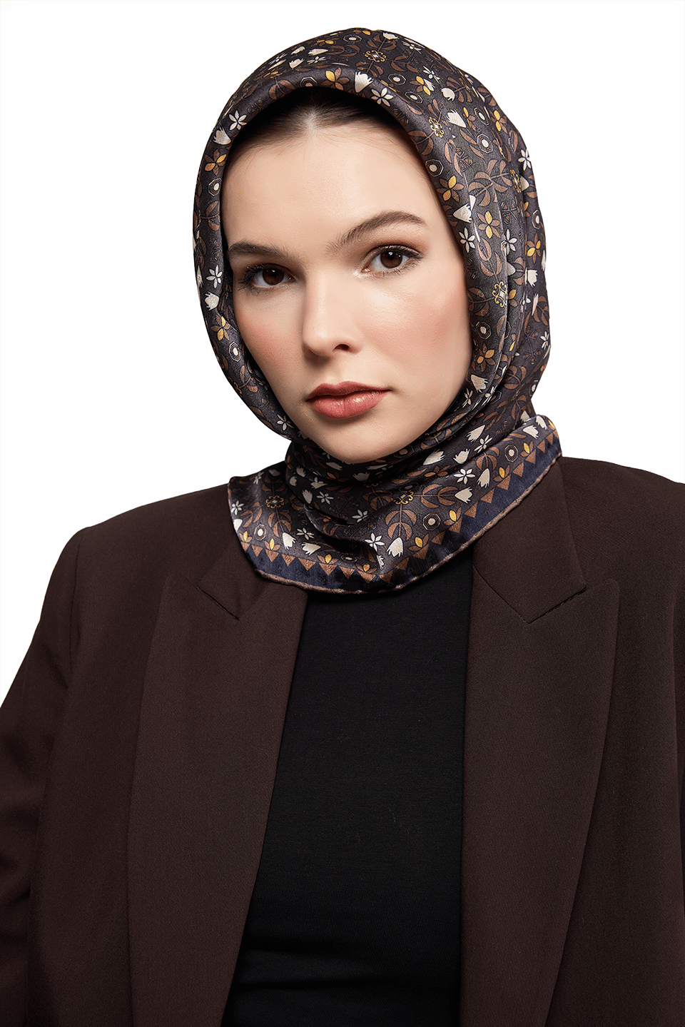 SHINA Parlak Paterna Desen Eşarp - Kahve-Gold