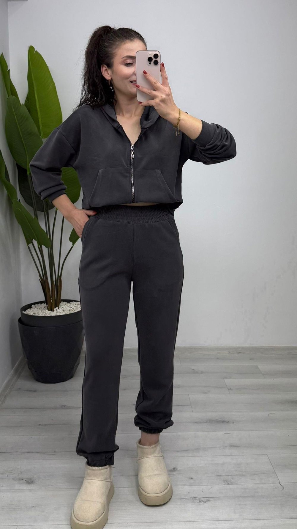 0038 Bomber Fermuarlı Kapişonlu Jogger Modal Takım Füme