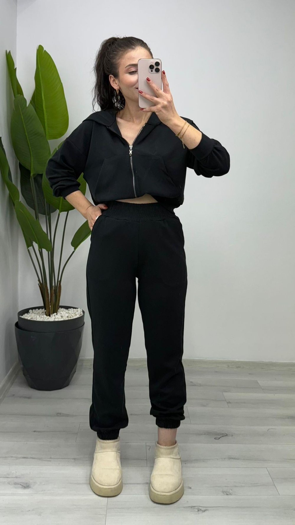 0038 Bomber Fermuarlı Kapişonlu Jogger Modal Takım Siyah
