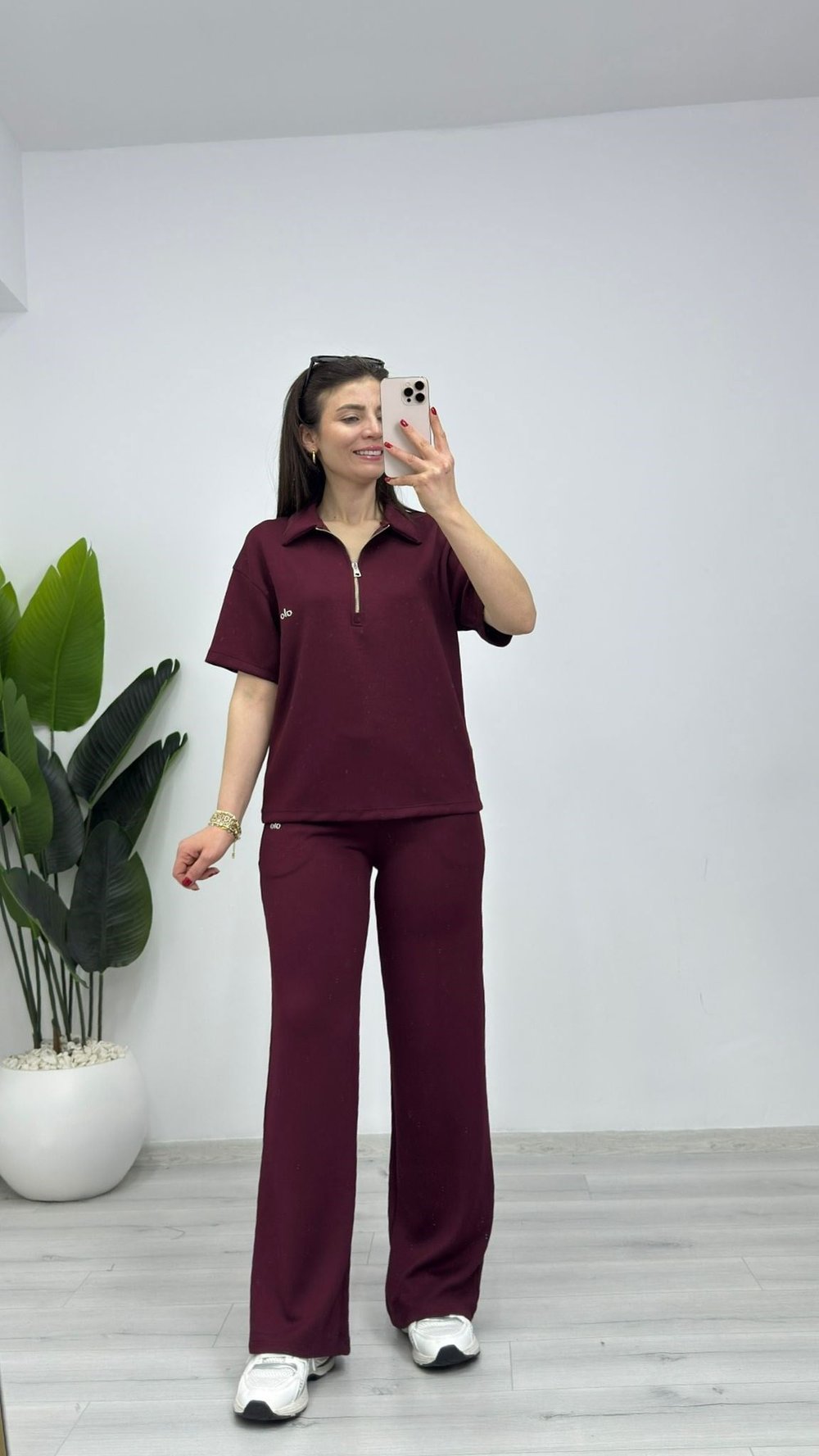 1034 Yakalı Fermuarlı Kısa Kol Modal Takım Bordo