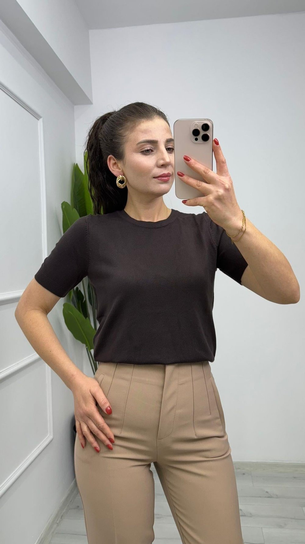 10779 Bisiklet Yaka Kısa Kol Basic Triko Bluz Acı Kahve