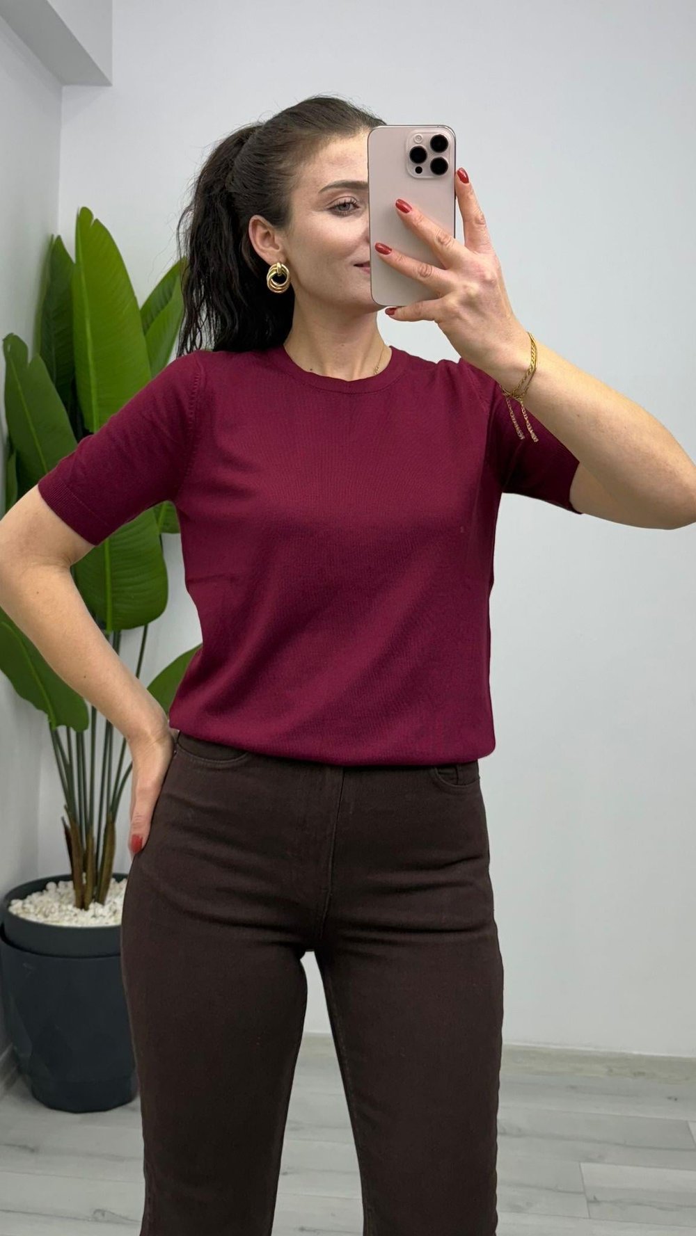 10779 Bisiklet Yaka Kısa Kol Basic Triko Bluz Bordo