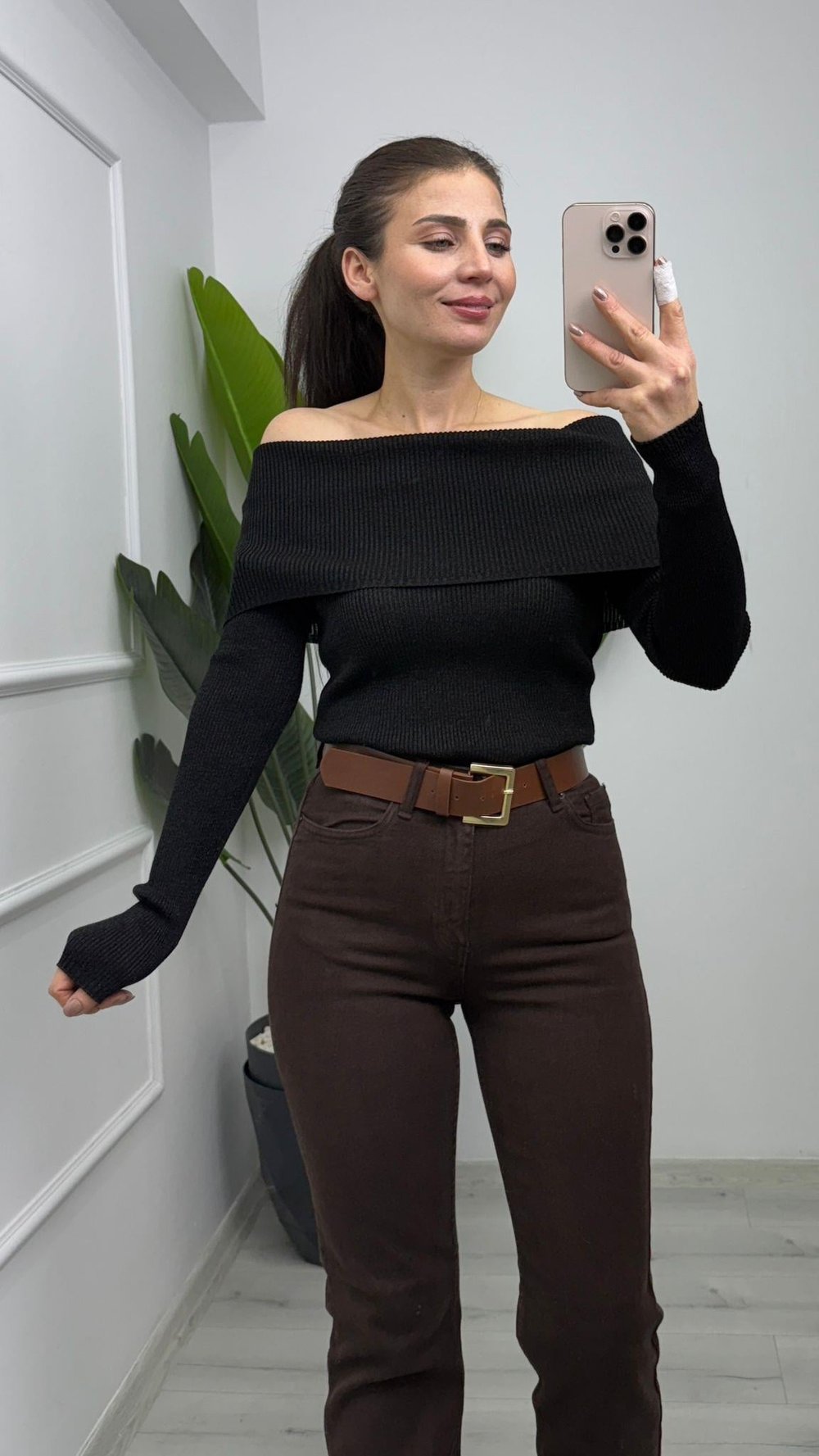 10808 Bardot Yaka Fitilli Simli Triko Kazak Siyah