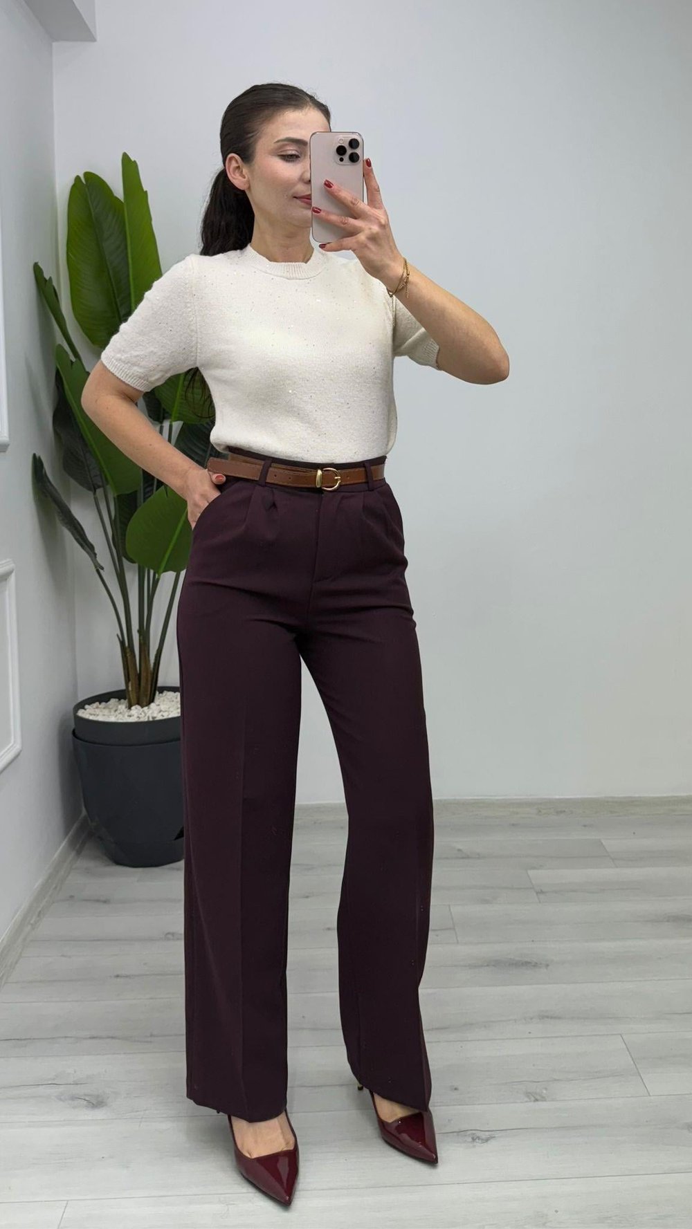 1087 Beli Lastikli Kemerli Palazzo Pantolon Bordo