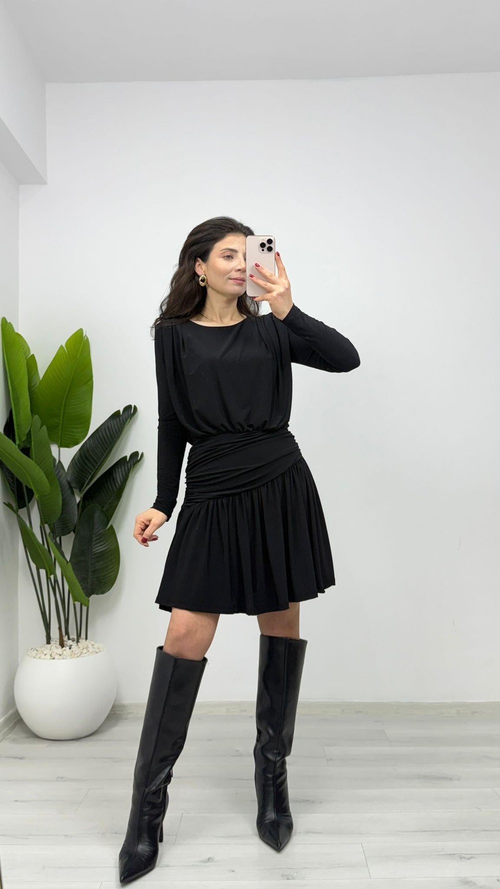 1112 Sandy Drapeli Mini Elbise Siyah