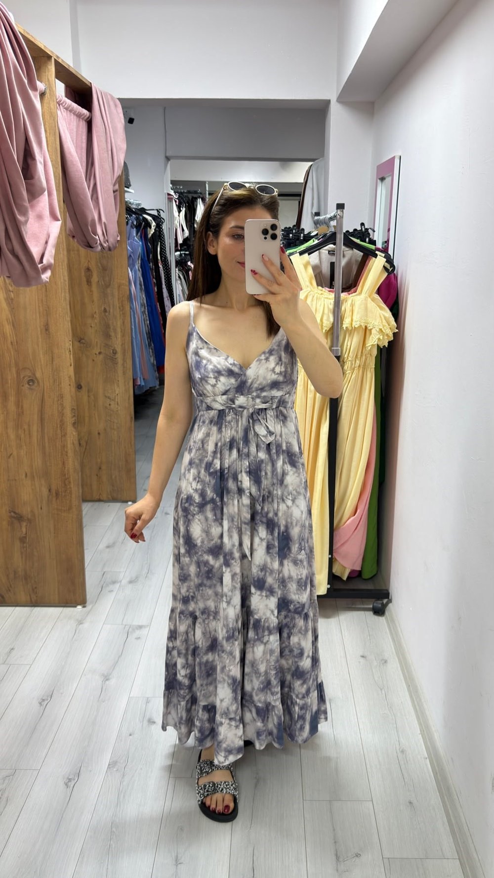 1432 İp Askılı Batik Desen Elbise Mor
