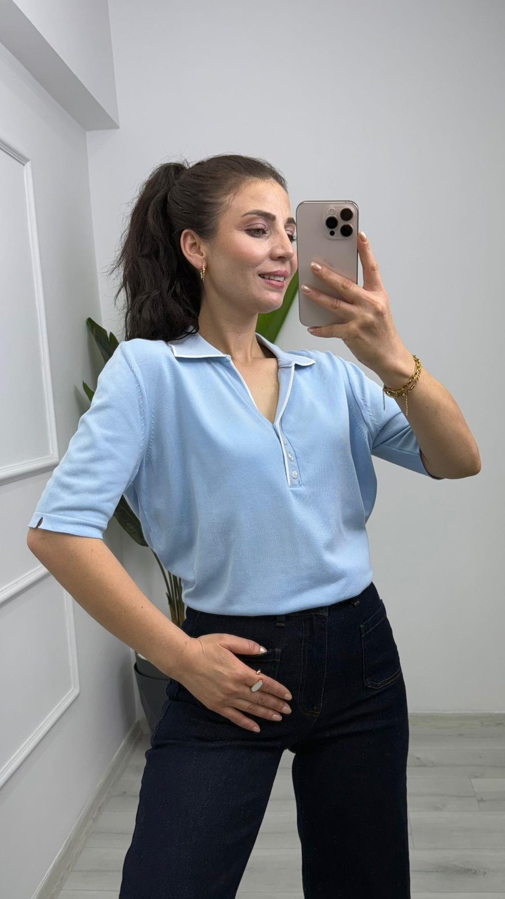1881 Düğme Detaylı Polo Yaka Triko Bluz Bebe Mavi