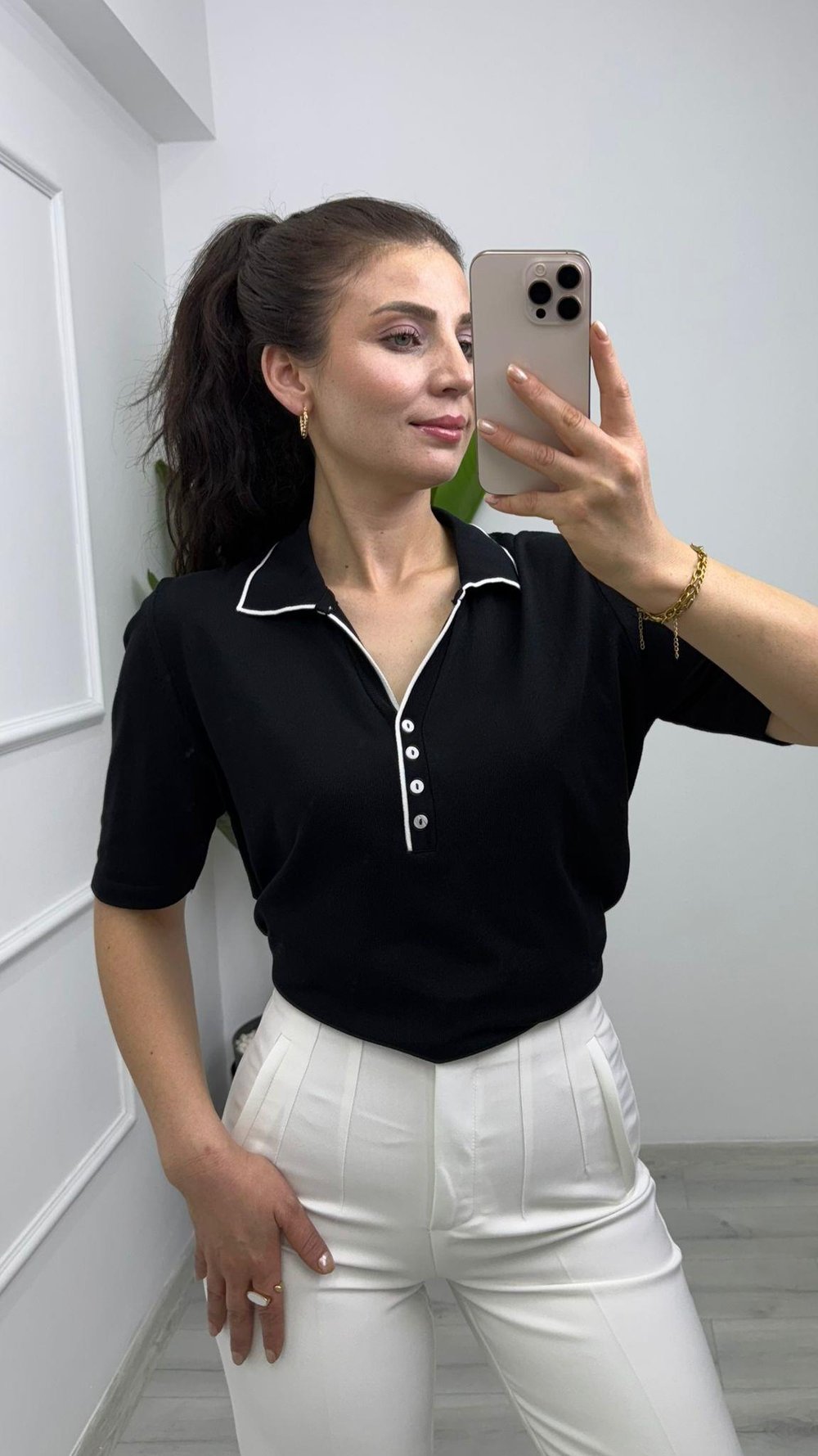1881 Düğme Detaylı Polo Yaka Triko Bluz Bebe Siyah