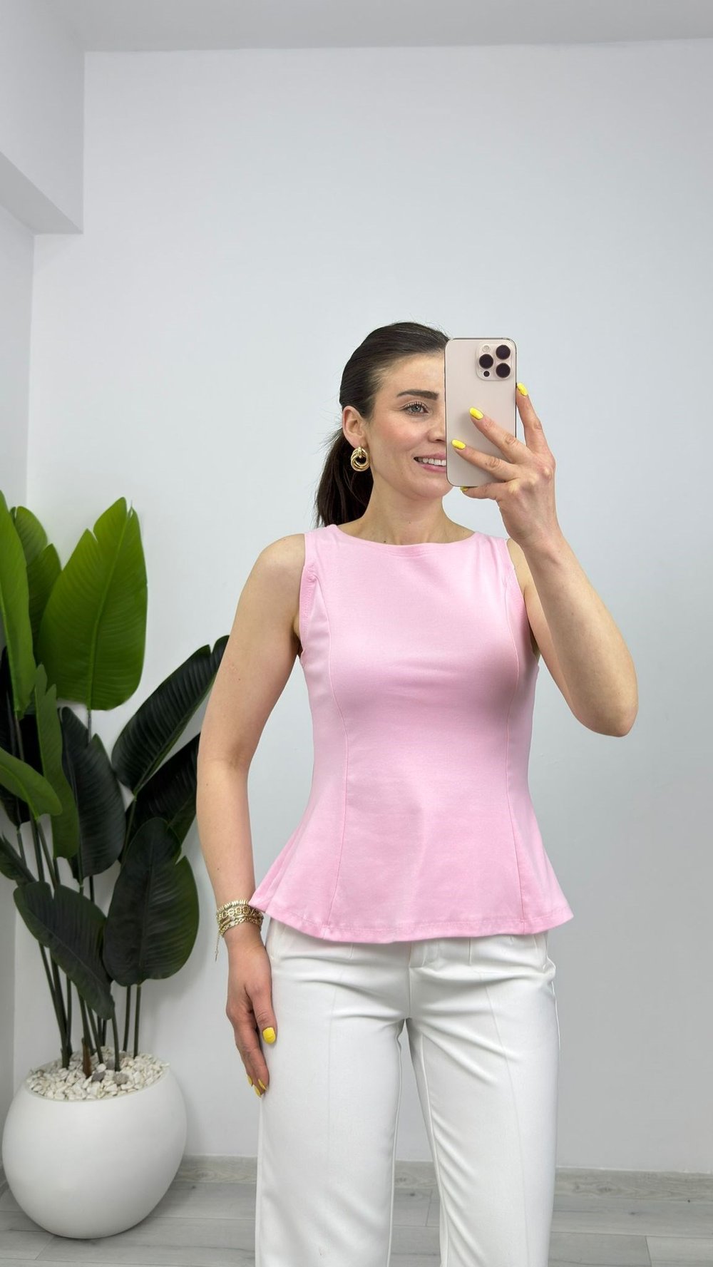 1919 Geniş Askılı Volanlı Bluz Pembe