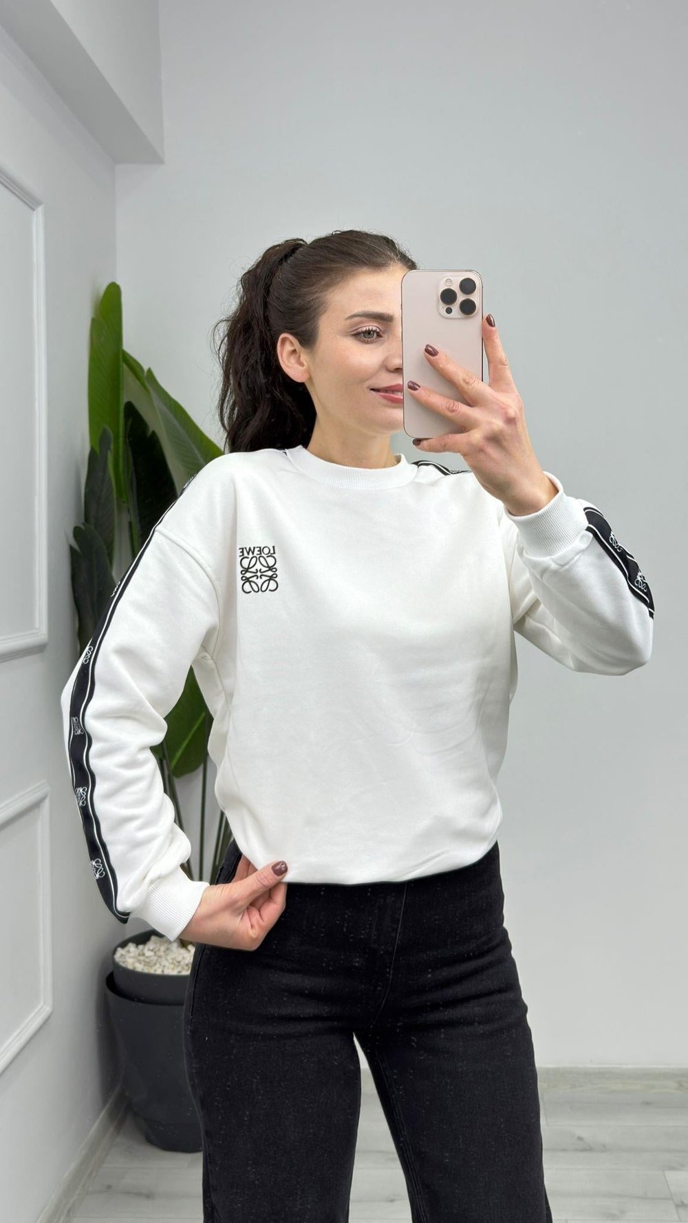 2014 Kolu Şerit Ve Baskı Detaylı Sweat Beyaz