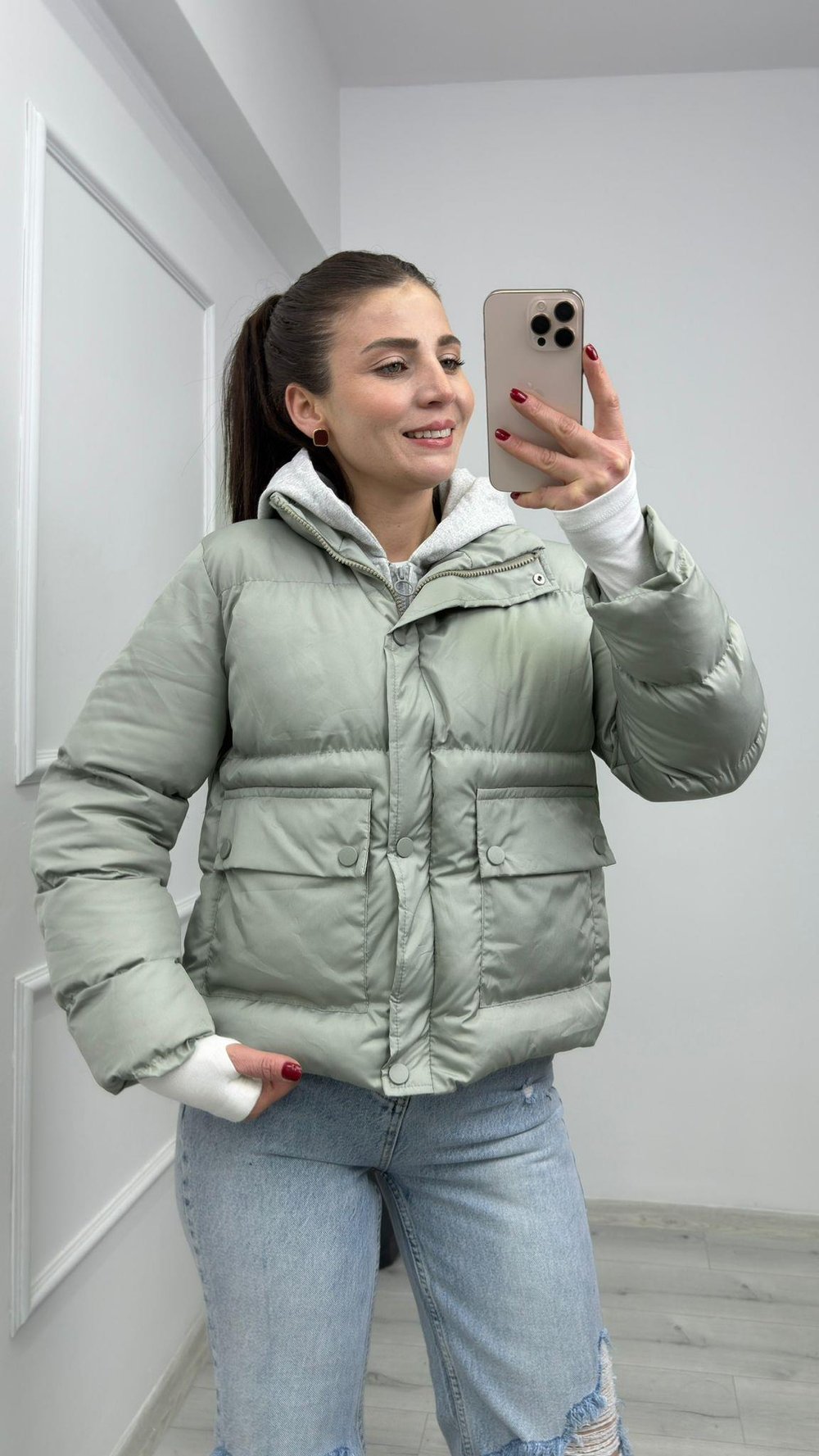 2148 Gri Kapişonlu Şişme Mont Mint Yeşil