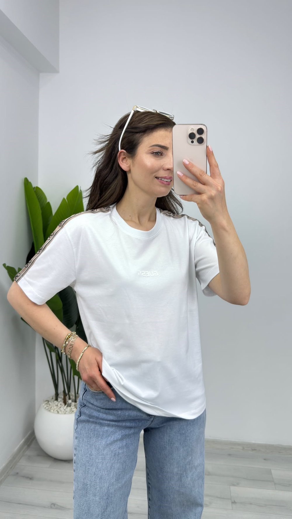 2420 Yanı Şerit Laogolu Basic Tişört Beyaz
