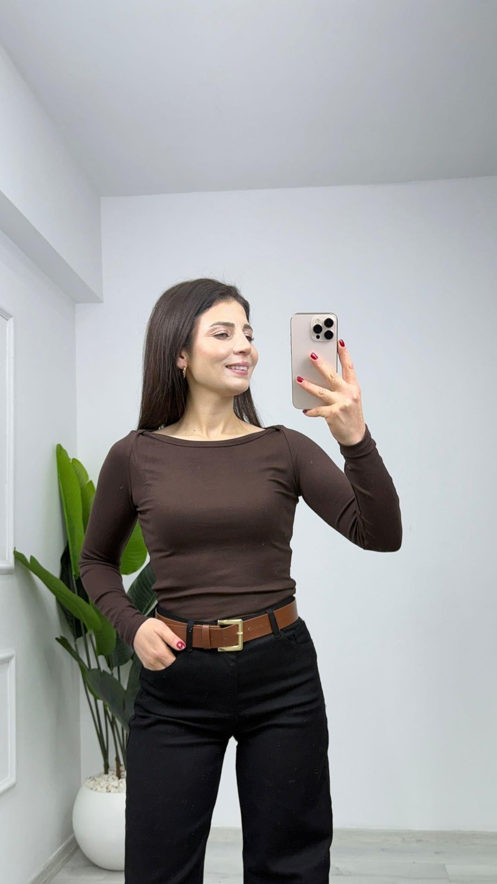 2701 Kayık Yaka Çilek Badi Kahverengi
