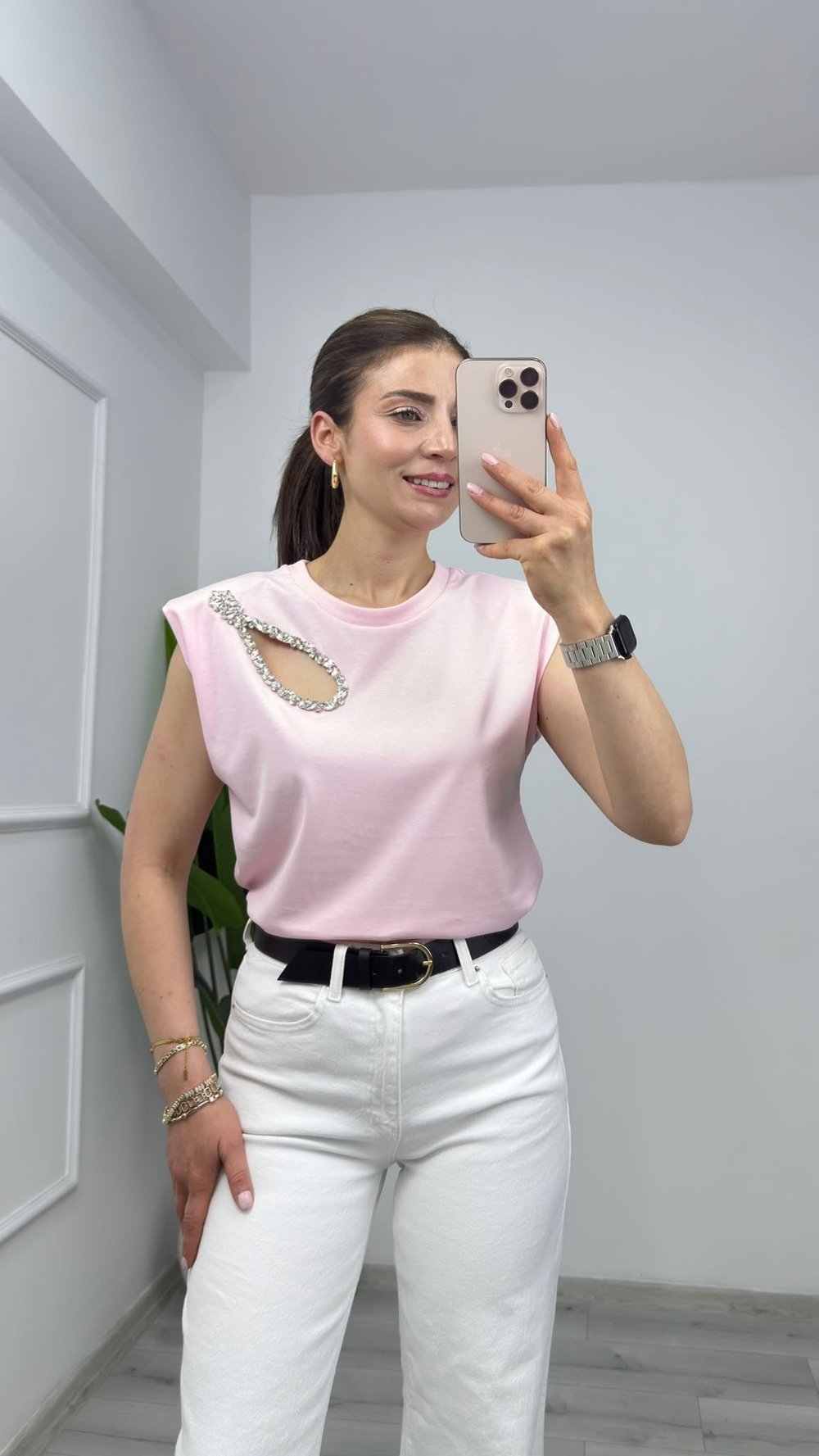 3302 Damla Taş Detaylı Vatkalı Tişört Pembe