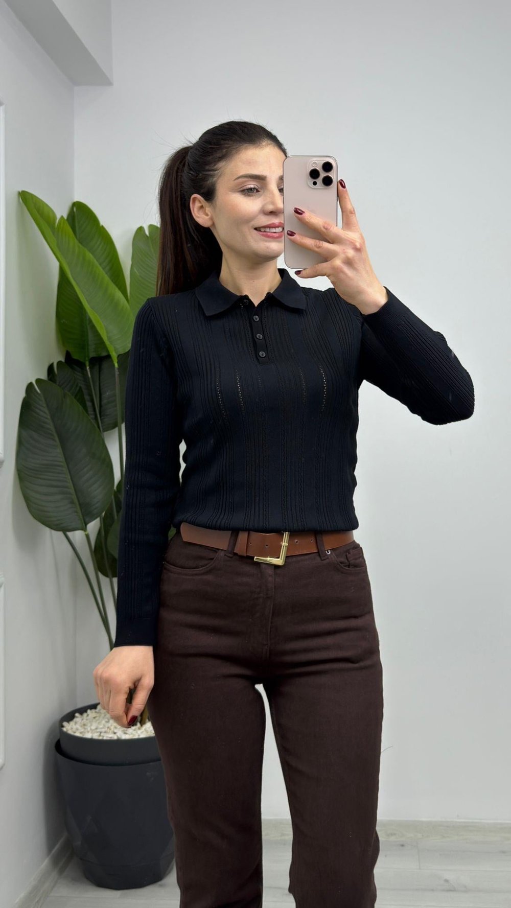 364-Ajurlu Uzun Kol Polo Yaka Triko Kazak Siyah