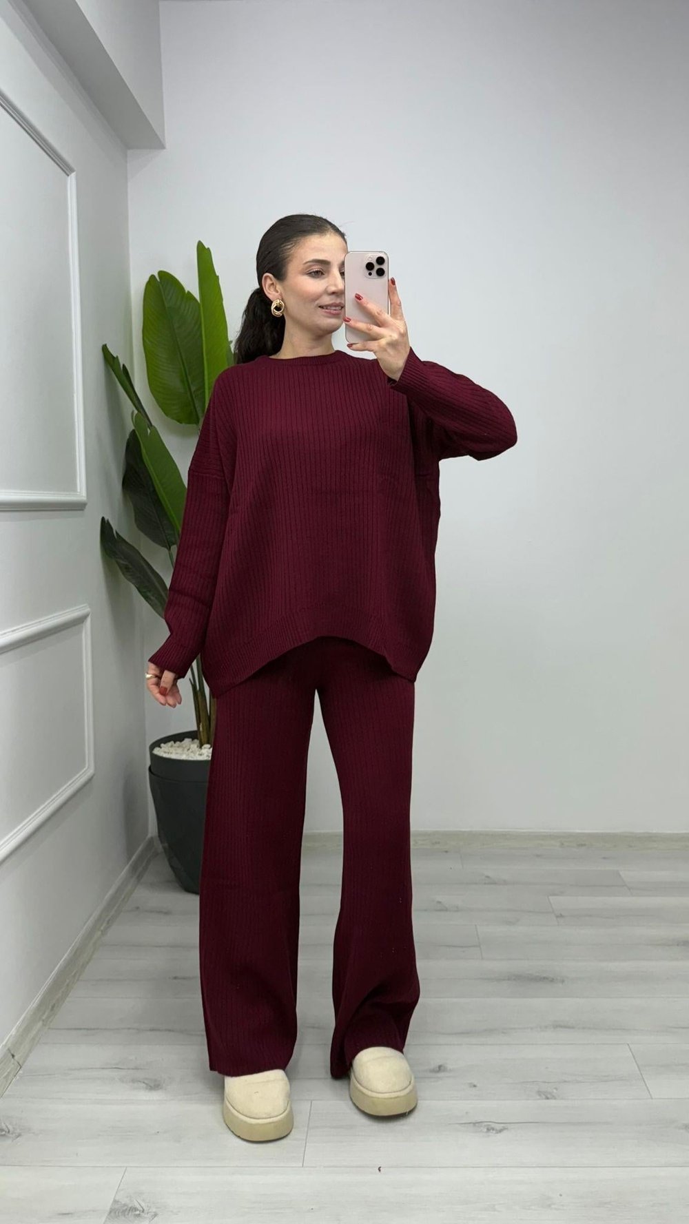 4004 Bisiklet Yaka Palazzo Pantolonlu Triko Takım Bordo