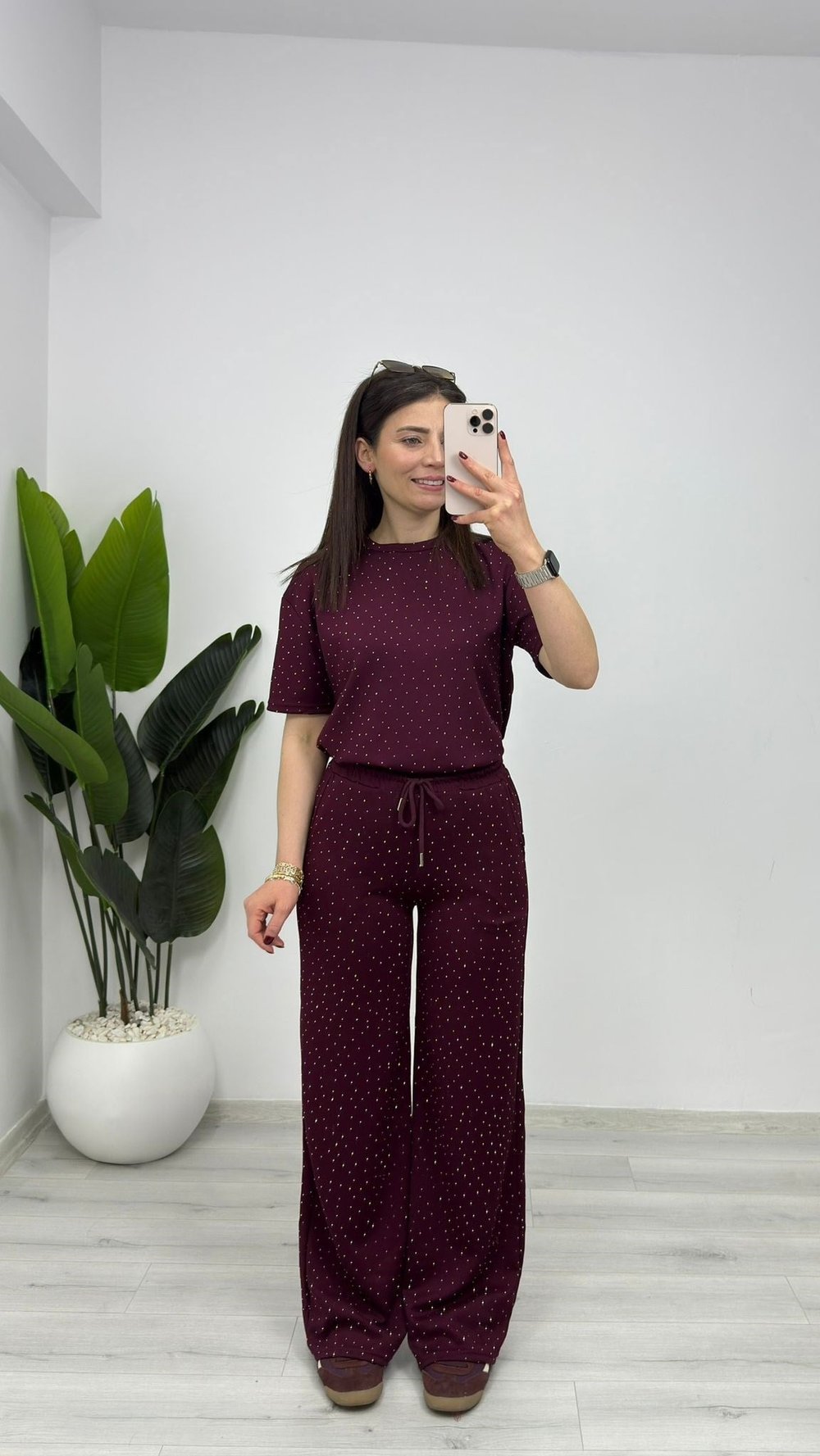 4250 Bisiklet Yaka Serpme Taşlı Modal Takım Bordo