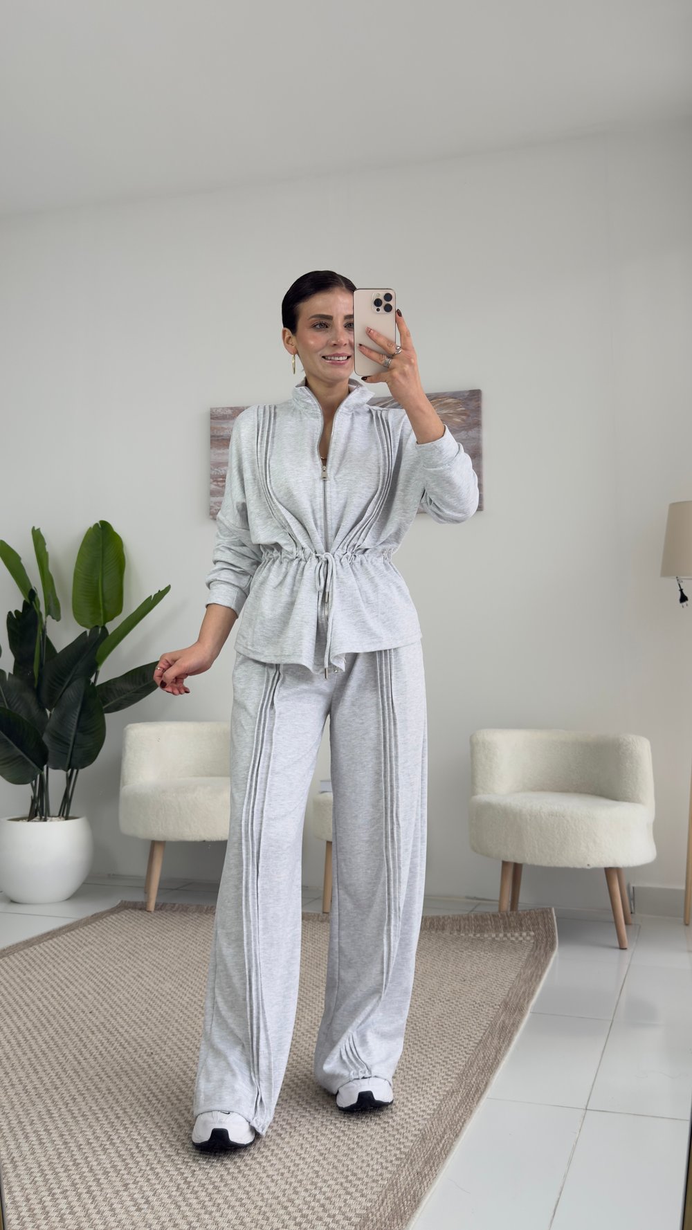 4296 Drape Detaylı Premium Modal Takım Melanj Gri